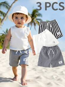 3pcs Infant & Toddler Boys' Casual Style Khaki Plaid, Black & White Striped, Solid Color Shorts, Suitable For Everyday Wear, Vacation, Outings, Summer Essential Boys Outfit Sets Baby Summer Boy Summer Clothes Baby Boys Sets Summer Clothes For Toddlers Boy Clothes For Baby Summer Summer Outfits For Baby Boy