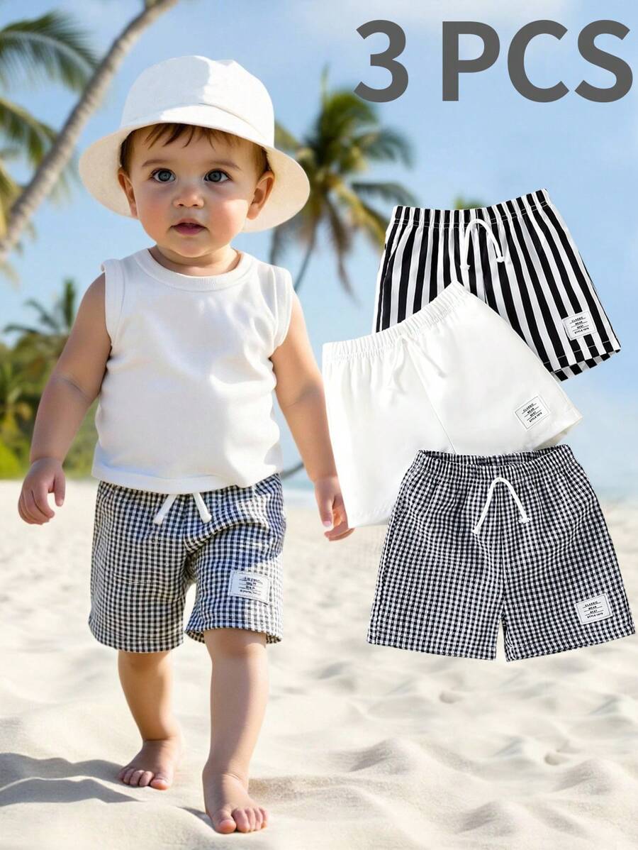 3pcs Infant & Toddler Boys' Casual Style Khaki Plaid, Black & White Striped, Solid Color Shorts, Suitable For Everyday Wear, Vacation, Outings, Summer Essential Boys Outfit Sets Baby Summer Boy Summer Clothes Baby Boys Sets Summer Clothes For Toddlers Boy Clothes For Baby Summer Summer Outfits For Baby Boy