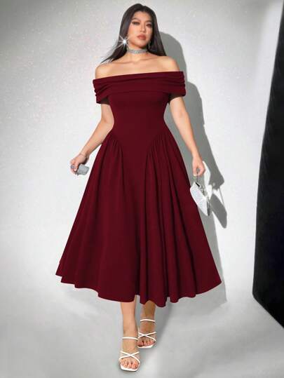 Viva Relle Vestido midi negro elegante de hombros descubiertos talla grande, vestido de invitada formal para bodas para mujeres