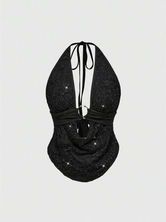 Fairycore Top ras-du-cou décolleté en V avec dos nu sexy pour femmes, style rétro pailleté pour les vacances