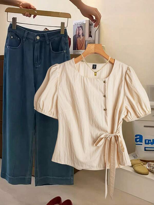 Linhara Women's Solid Color Woven 3-Button Ruffle Sleeve Tie-Front Crop Shirt, Summer Short Sleeve
