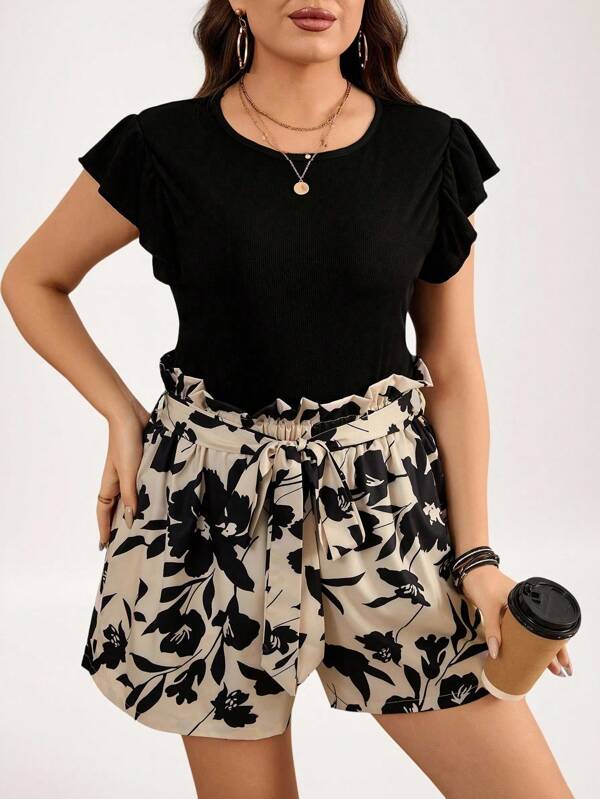 SHEIN LUNE Plus Size Women 2 Pieces Set With Ruffle Sleeve