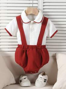 Souflis Souflis 男婴两件套：纯色华夫格白色衬衫，杏色滚边和领口，短袖纽扣衬衫 + 杏色华夫格背带裤，可调节肩带，休闲套装，适合街头、运动、居家穿着。复古男婴服装，优雅男婴服装，男婴优雅服装，男婴背带裤，男婴连体衣。 - 酒紅色 - 查看 2