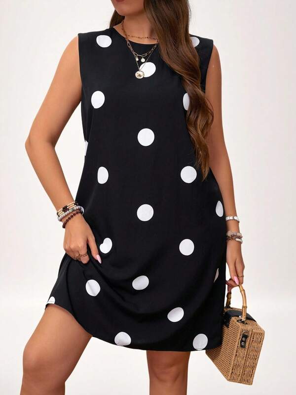 SHEIN LUNE Rochie fără mâneci cu imprimeu cu buline de mărime Plus, vară