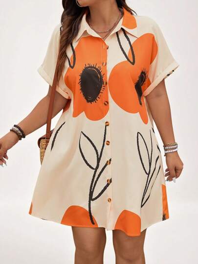 SHEIN LUNE Plus Size Women Big Flower Orange Floral Print Light Yellow Batwing Short Sleeve Shirt Dress, For Summer