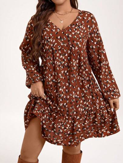 SHEIN LUNE Vestido de smock con manga farol, dobladillo con volantes y estampado ditsy para otoño, ropa de otoño para mujer, vestido de invitada para boda de otoño, conjunto de Acción de Gracias, conjunto de fiesta de vacaciones, vestido de fiesta de vacaciones talla grande
