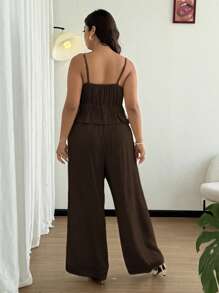 Rustia Setelan 2 Potong Celana Kasual Linen Musim Panas dengan Tali untuk Wanita, Gaya Minimalis - Coffee Brown - View 2