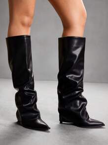 CUCCOO SZL 性感时尚褶皱紧身及膝高筒靴，黑色尖头侧拉链女式高筒靴 - 黑色 - 查看 6