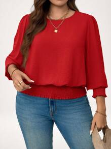 SHEIN LUNE 大码休闲纯色泡泡袖衬衫新年女装节日装情人节度假装女士夏季装 - 紅色 - 查看 5