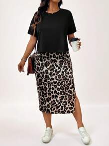 SHEIN LUNE Plus-Size Women'S Boho Summer Black T-Shirt + Leopard Print Side Slit Skirt Casual Women'S 2-Piece Set