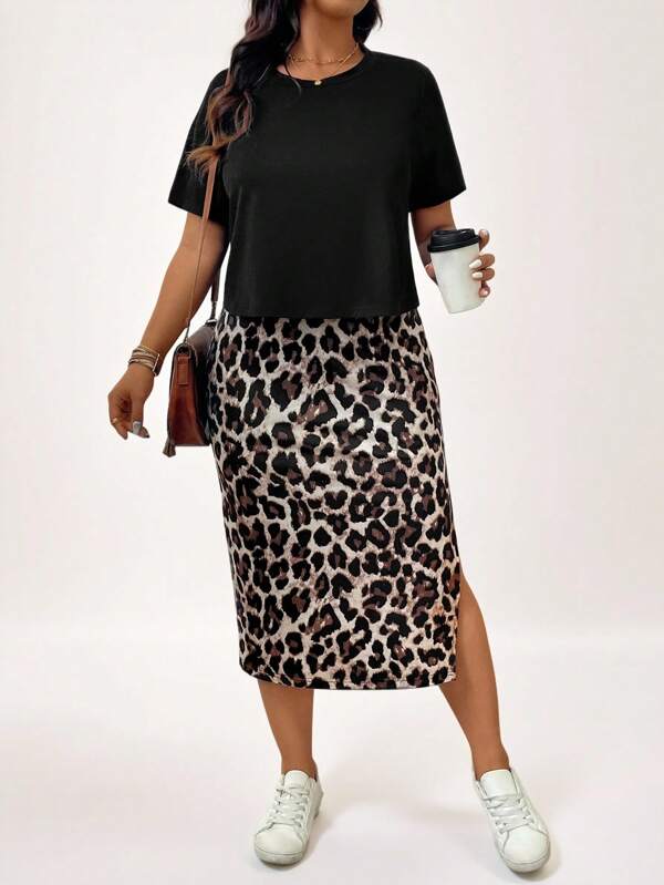 SHEIN LUNE Plus Size Boho Summer Black T-Shirt + Leopard Print Side Slit Skirt Casual Women's 2 Pieces Set Summer Outfits For Women Simple & Fashionable, Holiday Outfits, For Daily Wear