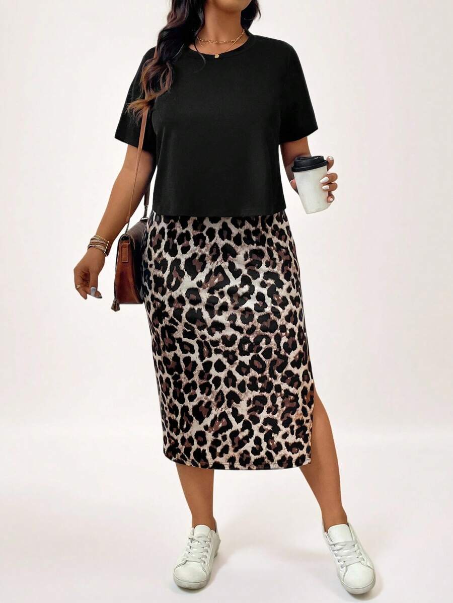 SHEIN LUNE Plus-Size Women'S Boho Summer Black T-Shirt + Leopard Print Side Slit Skirt Casual Women'S 2-Piece Set