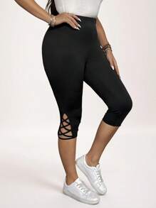 SHEIN LUNE Mallas negras de talla grande para mujeres, con cortes y cruces en las piernas de longitud completa para verano - Negro - Ver 7