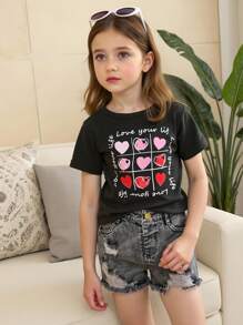 SHEIN 2件套年轻女孩休闲简约舒适圆领心形图案T恤和牛仔短裤 - 黑色 - 查看 5