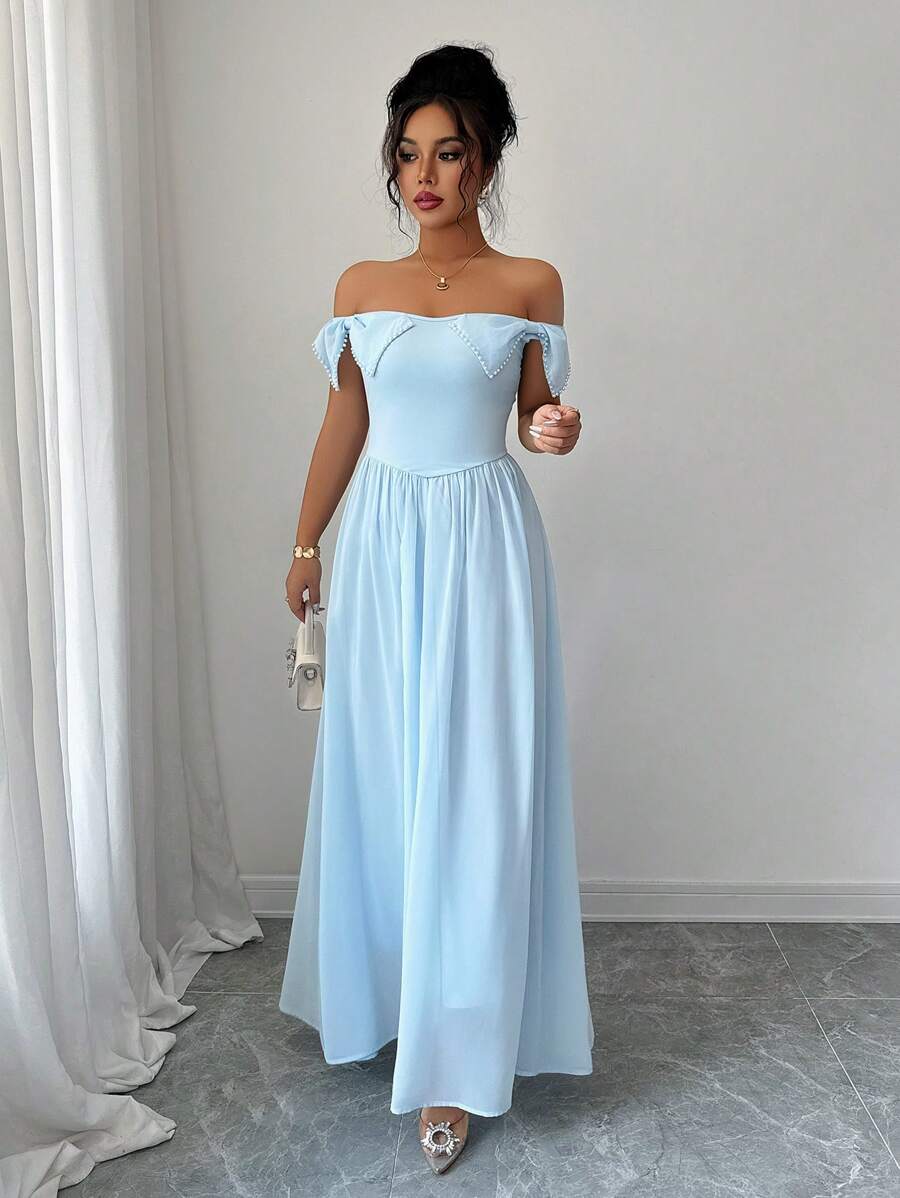 Selianne Vestido de Festa de Bola de Vintage Luxuoso de Dupla Camada em Tule Franzido com Laço Decorado com Miçangas, Vestido de Verão Elegante Francês Tubo de Coquetel para Feriados - Azul - Visão 1