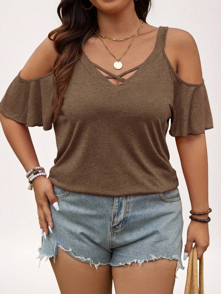 SHEIN LUNE Plus Size Casual Open Shoulder Solid Color T-Shirt Mother Day Summer Simple & Fashionable - Brown - View 1