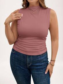 SHEIN LUNE Plus Size Women Summer Solid Collar Ruched Slim Casual White Tank Top Holiday