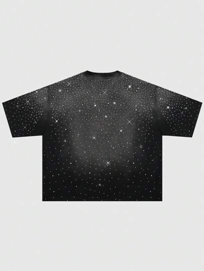 Street Life Camiseta de hombre con efecto lavado y decoración de strass, de estilo holgado y corto