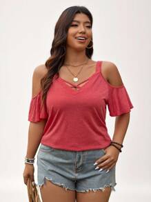 SHEIN LUNE Fashionable Solid Color Off-Shoulder T-Shirt For Plus-Size Women - Red - View 6