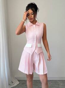 Selianne Front Button Vest And Cinched Waist Wide Leg Shorts Suit - Pink - View 6