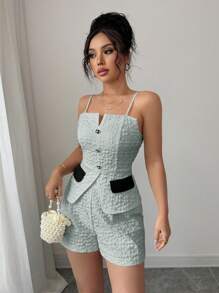 Elenzga 2pcs/Set Women Jacquard Camisole Top And Shorts Set