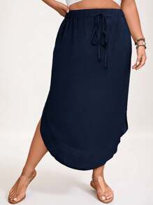 SHEIN LUNE Plus Tie Waist Curved Hem Solid Skirt - Navy Blue - View 5