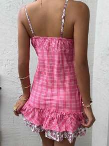 Sunnyshic 女式夏季休闲/度假格子拼布碎花双层荷叶边下摆细肩带迷你连衣裙 - 彩色 - 查看 2