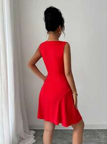 SHEIN Clasi Elegante vestido mini de verano escotado de corte ajustado con estampado floral de rosas, con una sensual estética francesa - Rojo - Ver 2