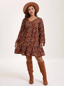 SHEIN LUNE 加大秋季服装碎花灯笼袖荷叶边下摆罩衫连衣裙秋季女装秋季婚礼宾客礼服感恩节服装节日服装节日派对礼服加大