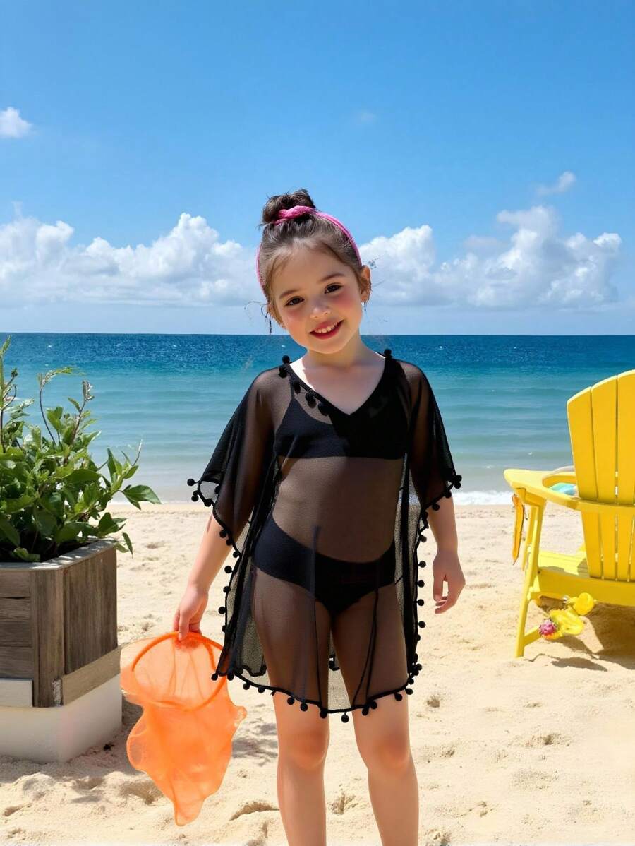 SHEIN Young Girl Solid V-Neck Short Sleeve Bubble Trim Overlay Dress Girls Swimsuit With Coverup Kids Swimsuit Cover Up Black Bathing Suit Kids Black Girls Swimsuit Coverup Kids Black Swimsuit Cover Up - Black - View 1