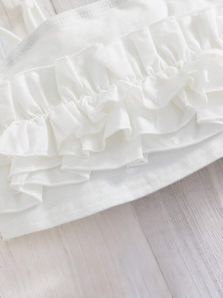 SHEIN 2件套年轻女孩休闲简约舒适细肩带荷叶边下摆吊带背心和短裤套装，带花卉装饰 - 藍白色 - 查看 9