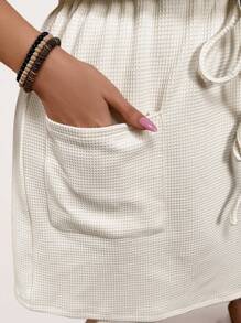 SHEIN LUNE Plus Size Sleeveless Comfortable And Breathable Plaid Waffle Grid Halterneck Drawstring Waist Double Pocket Sundress Casual Apricot Dress For Summer Outfits - Apricot - View 6