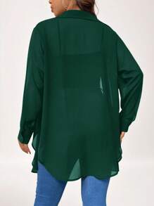 SHEIN LUNE Áo sơ mi đơn giản tay dài đơn hàng thường ngày cỡ lớn cho nữ - Màu xanh lá cây đậm - Xem 2