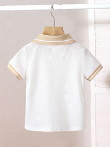 SHEIN Playful Pals 嬰兒男童白色華夫格面料 Polo 衫 夏季休閒短袖上衣 返校日職業日穿搭 經典鈕扣開襟復古幼童服飾 - 白色 - 查看 2