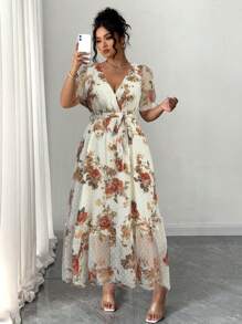 Elenzga 女式 V 领提花泡泡袖系腰优雅连衣裙，春夏 - 彩色 - 查看 3