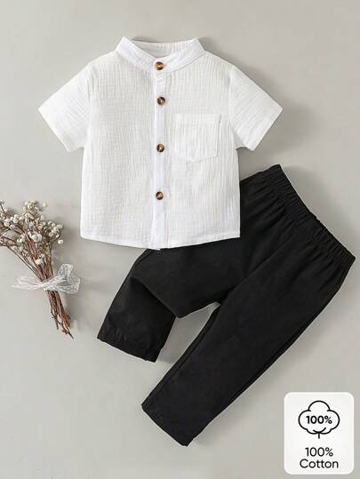 Souflis Souflis Baby Boy Vit bomullsskjorta med kort ärm, avslappnad daglig stil för utomhusbruk, skola, semester, sport, samling, sommarkläder för spädbarn