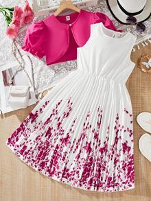 Conjunto de 2 piezas para el Día de San Valentín para niñas adolescentes: Cárdigan con mangas con volantes y vestido plisado con estampado floral, elegante, para primavera/verano - Multicolor - Ver 9