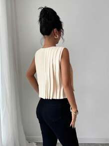 SHEIN PETITE 时尚休闲修身无袖上衣，饰有蝴蝶结，欧版款式 - 杏色 - 查看 2