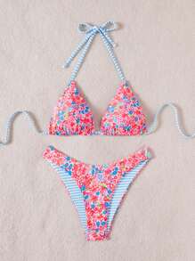 Swim Mod 2pcs/Set Women Holiday Vacation Beach Random Print Reversible Halter Top And Adorable Shorts Bikini Set For Summer - Multicolor - View 3