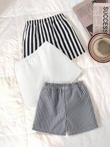 3pcs Infant & Toddler Boys' Casual Style Khaki Plaid, Black & White Striped, Solid Color Shorts, Suitable For Everyday Wear, Vacation, Outings, Summer Essential Boys Outfit Sets Baby Summer Boy Summer Clothes Baby Boys Sets Summer Clothes For Toddlers Boy Clothes For Baby Summer Summer Outfits For Baby Boy