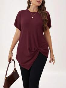 SHEIN LUNE Plus Size Summer Solid Color Round Neck Short Sleeve Casual T-Shirt With Twisted Hem - Burgundy - View 3
