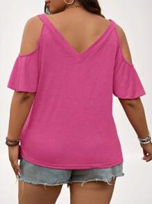 SHEIN LUNE Plus Size Casual Vacation Solid Color Open Shoulder Camisole T-Shirt Summer - Hot Pink - View 2