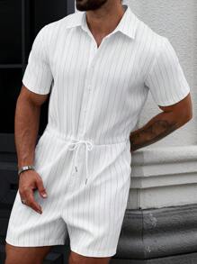 Manfinity Homme Men's Striped Short Sleeve Single Breasted Drawstring Waist Pockets Shirt & Shorts Set