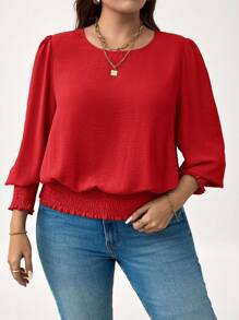 SHEIN LUNE 大码休闲纯色泡泡袖衬衫新年女装节日装情人节度假装女士夏季装 - 紅色 - 查看 1