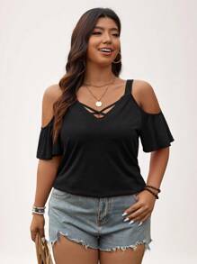 SHEIN LUNE Plus Size Casual Solid Color Open Shoulder Camisole T-Shirt Summer - Black - View 5