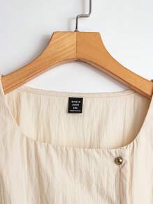 Linhara Áo sơ mi nữ tay ngắn mùa hè dệt trơn màu 3 nút tay bèo nhún buộc phía trước - Màu be - Xem 3