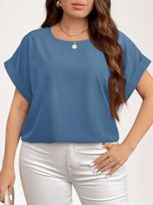 SHEIN LUNE 女士大码休闲纯色蝙蝠袖衬衫，夏季款 - 霧霾藍 - 查看 3