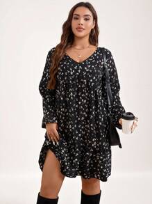 SHEIN LUNE Plus Fall Outfits Ditsy Print Lantern Sleeve Ruffle Hem Smock Dress For Fall Fall Women Clothes Fall Wedding Guest Dress Thanksgiving Outfit Holiday Outfit Holiday Party Dress Plus - Black - View 5