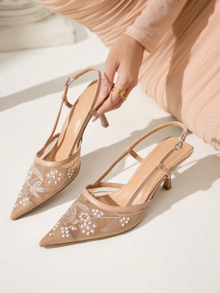 CUCCOO CHICEST 여성 패션 뾰족한 앞코 살구색 자수 메쉬 드레스 샌들 백 스트랩, 얇은 하이힐 웨딩 파티 펌프스