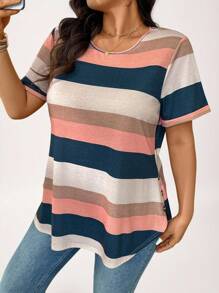 SHEIN LUNE Camiseta casual de cuello redondo, de manga corta, de talla grande, con estampado de rayas, para uso diario, otoño, viajes, aeropuerto, verano, vacaciones, primavera, para mujeres, verano, Pascua, holgada